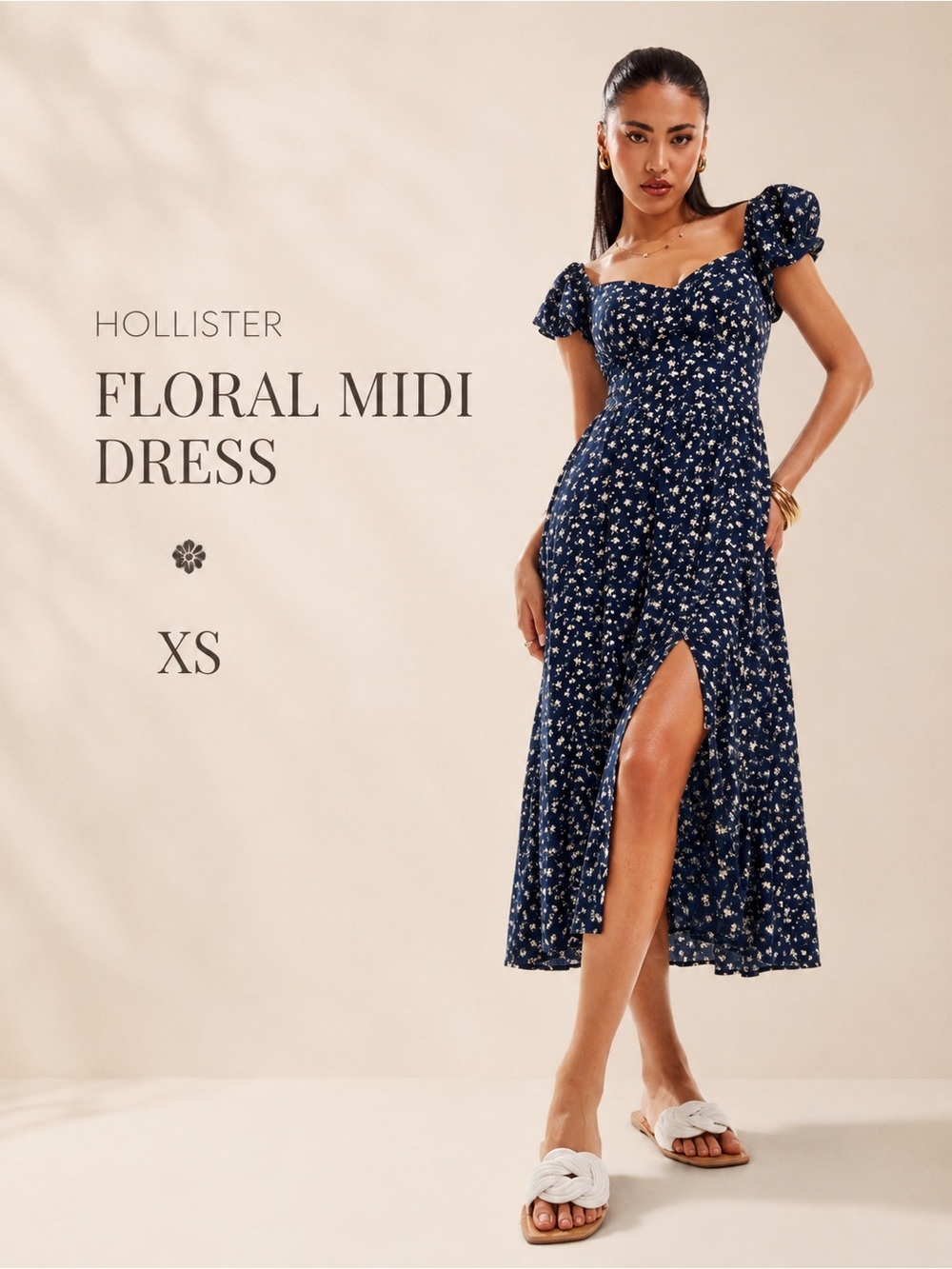 Hollister Navy Floral Puff-Sleeve Midi Dress with Side Slit